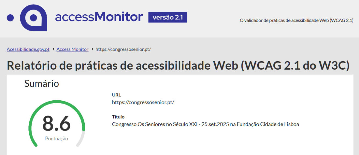 Pontuação de 8.6 no AccessMonitor em https://accessmonitor.acessibilidade.gov.pt/